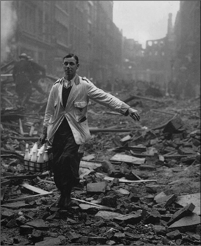 Milkman Delivering During The London Blitz